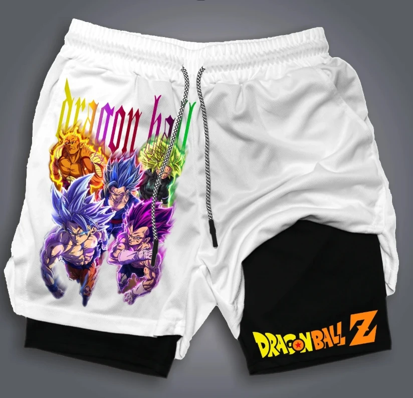 Shorts de treino de camada dupla, shorts de corrida modernos com estampa de anime, shorts de ginástica de secagem rápida e confortáveis para homens.
