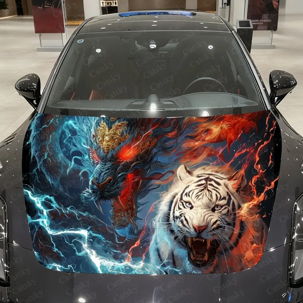 

Divine Dragon & White Tiger Car Vinyl Wrap, PVC Material Waterproof Car Hood Sticker, Self-Adhesive Scratch-Resistant Stickers f