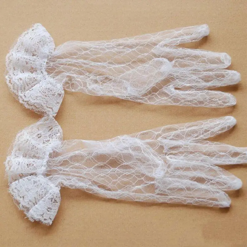 D0UD White Bridal Wedding Short Gloves Full Fingered Transparent Ruffled Lace Mittens