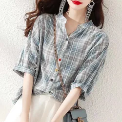 Woman Summer Style Blouses Tops Lady Casual V-Neck Short Sleeve Striped Printed Blusas Tops DF4537