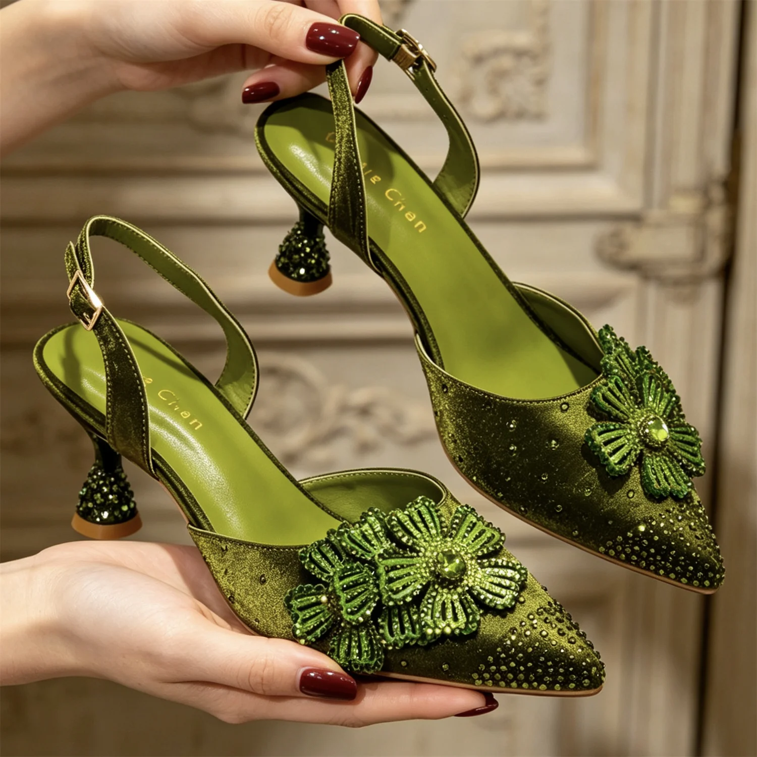 Women Luxury Rhinestone Flower Pointed Toe Slingback Pumps Green Catwalk High Heels Elegant Party Wedding Shoes 2026 Hot Sale
