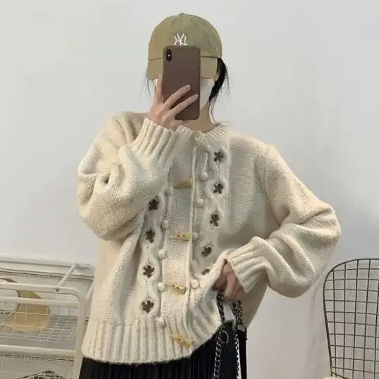 

Knitted Cardigan Sweater 2024 Autumn Winter New Retro Design Niche Women'S Slim Loose Soft Waxy Outer Top