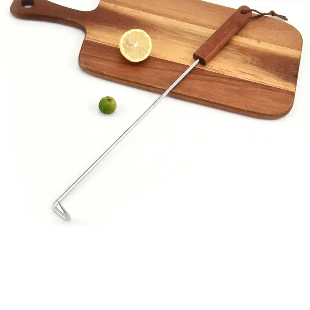 Stainless Steel BBQ Meat Flipper Hook Heavy Duty Comfortable Grip Barbecue Food Turner with Hanging Rope Wooden Handle