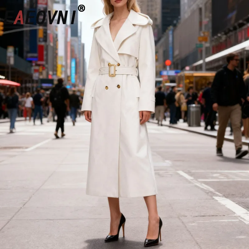 

EAEOVNI Temperament White Long Trench Coat Women Hooded Button Belt Solid Color Windbreaker Fashion 2026 New Clothing