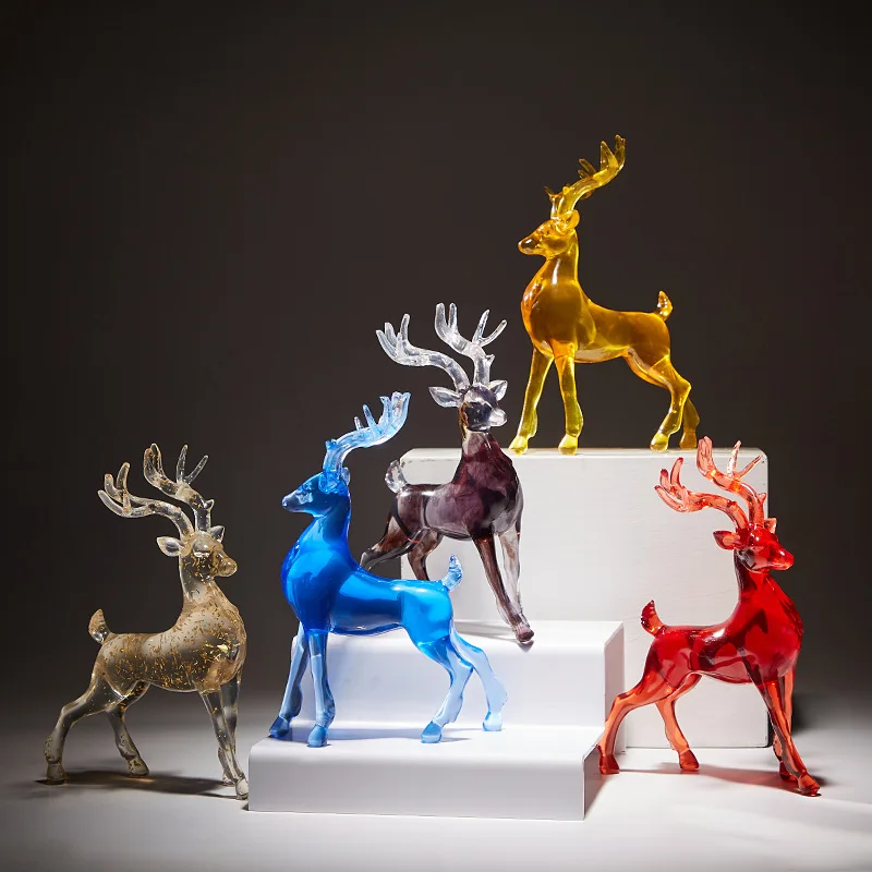 Resin Crafts Deer Artificial Animal Sculpture Golden Decorative Figurines Colourful Transparent Home Furnishings Decoration