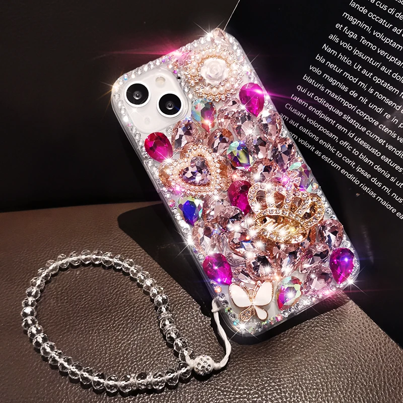 Luxury Lanyard Phone Case for iPhone 16 15 14 13 Pro Max 12 11 X Xs Xr  6 7 8 + Cover  3D Diamond Crown Cord Telefon Fundas