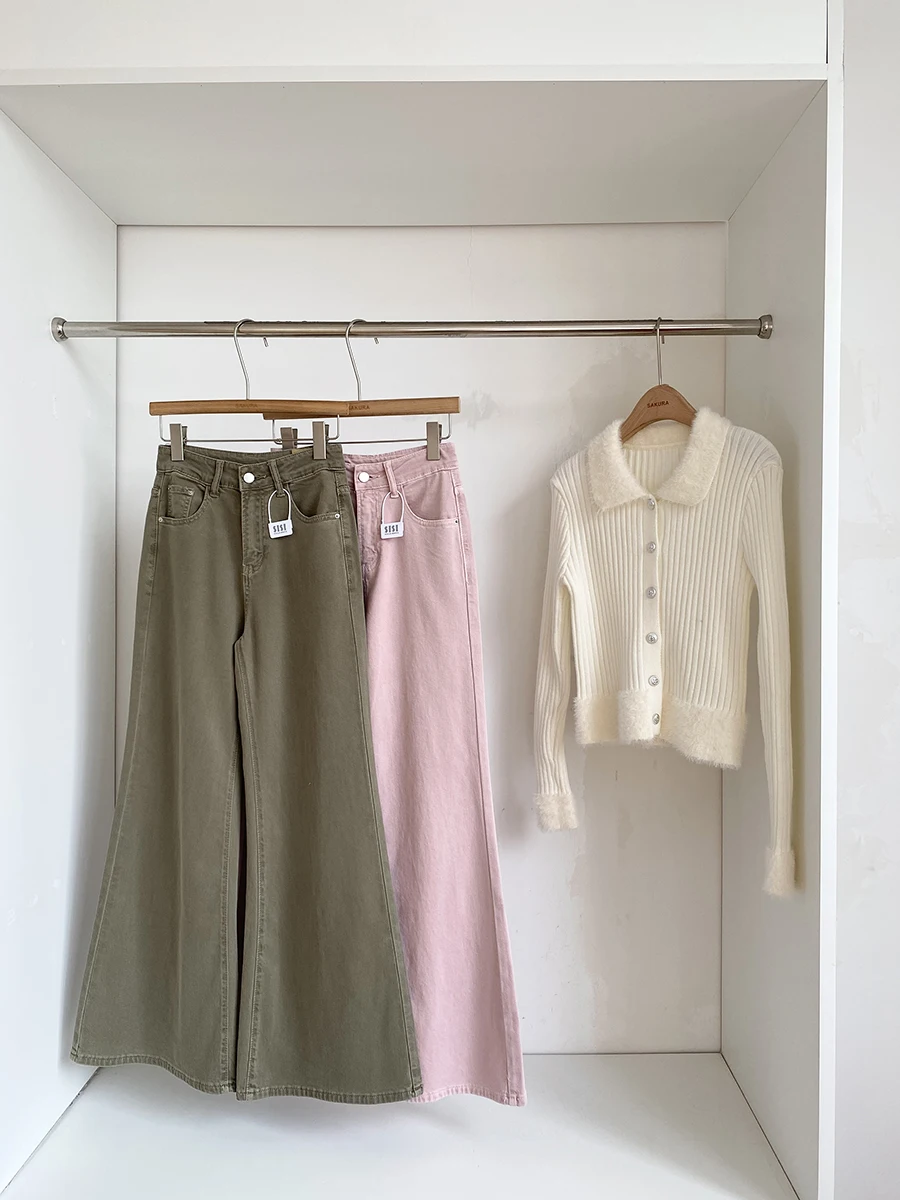 

Джинсы с высокой талией и широкими штанинами в корейском стиле, женские модные, простые, уникальные, новые весенние, свободного кроя, утягивающие джинсовые брюки