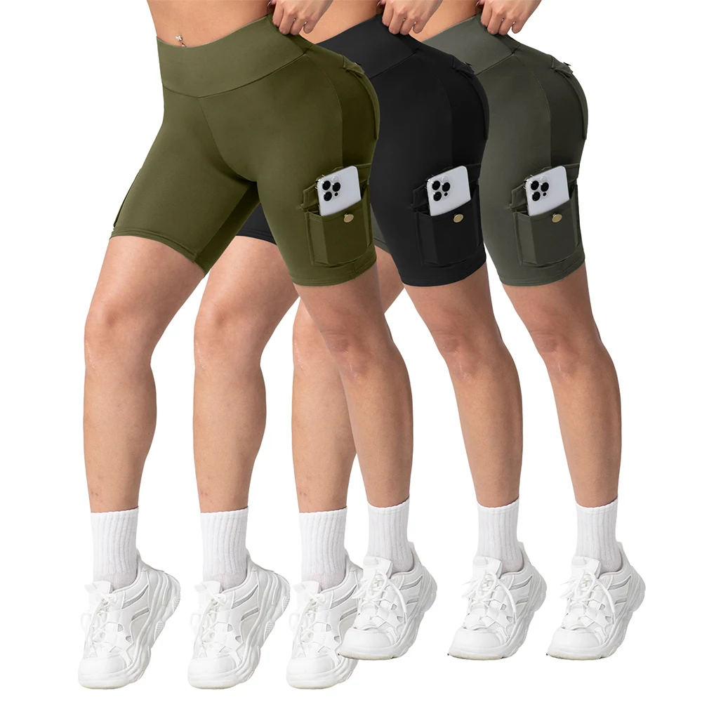 Shorts pour femmes avec poches utilitaires, collants de Fitness de couleur unie, pour Jogging en plein air, vêtements de sport élastiques respirants