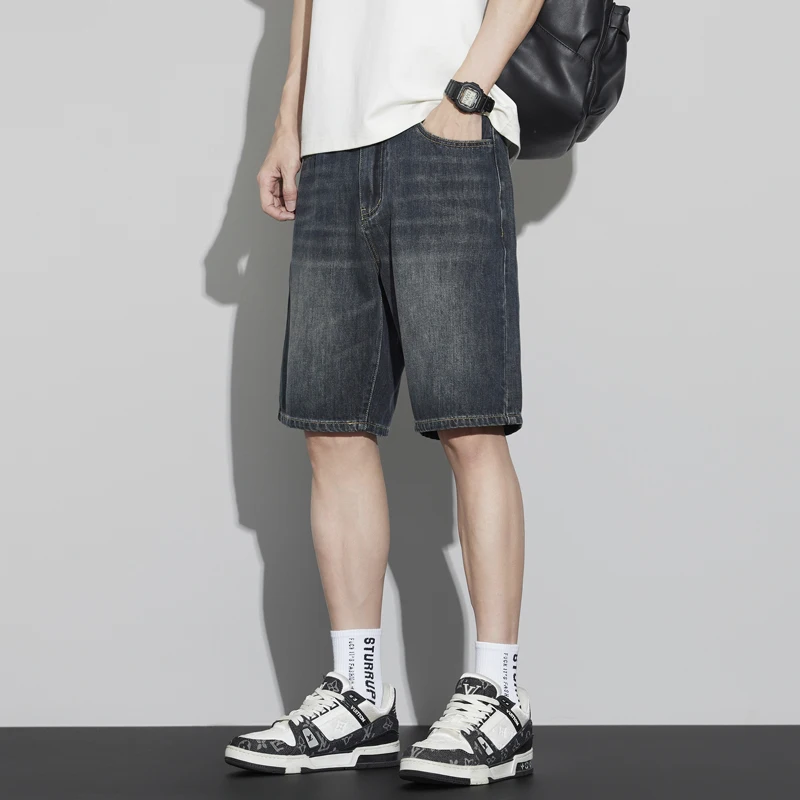 الرجال خمر الدنيم السراويل الصيف رقيقة أزياء مستقيم فضفاض السراويل القصيرة شخصية مريحة واسعة الساق جينز غير رسمي