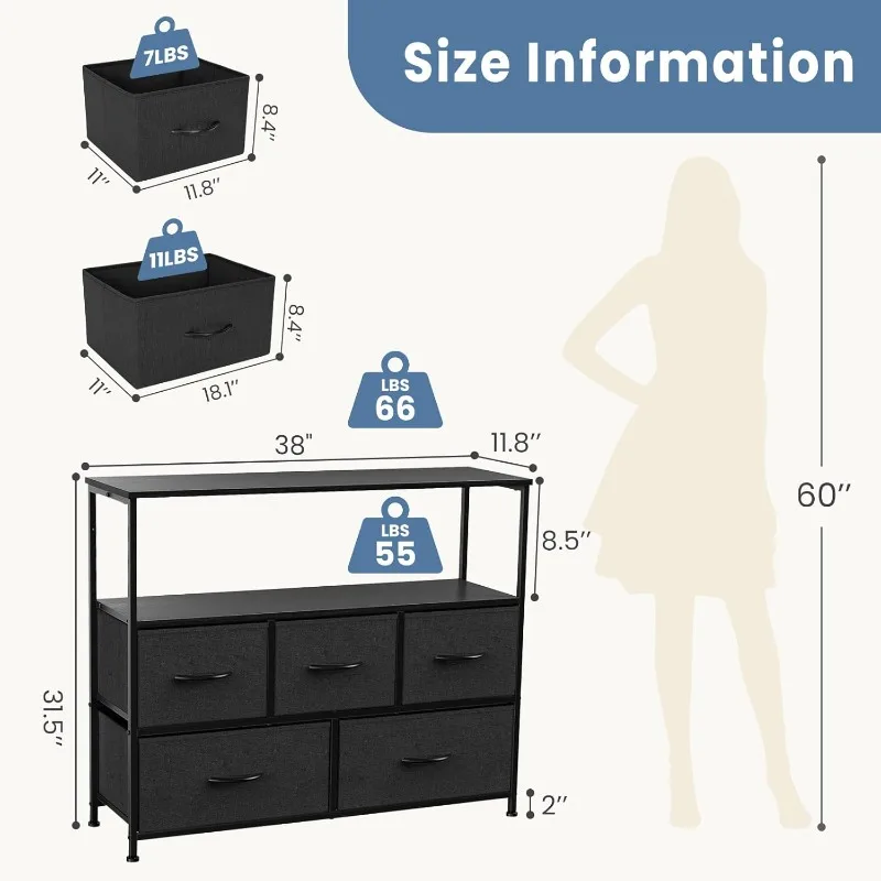 

TV Stand Dresser with 5 Fabric Storage Drawers, Media Console Featuring Open Shelf for 45 inch TV, Compact Entertainment U