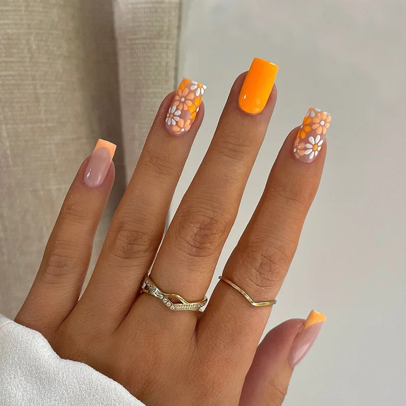 

24 Pcs Flower Decorations for Nails Nail Tips Solid Color Acrylic Press on Nails Girls Simple False Nails with Glue Self-nail