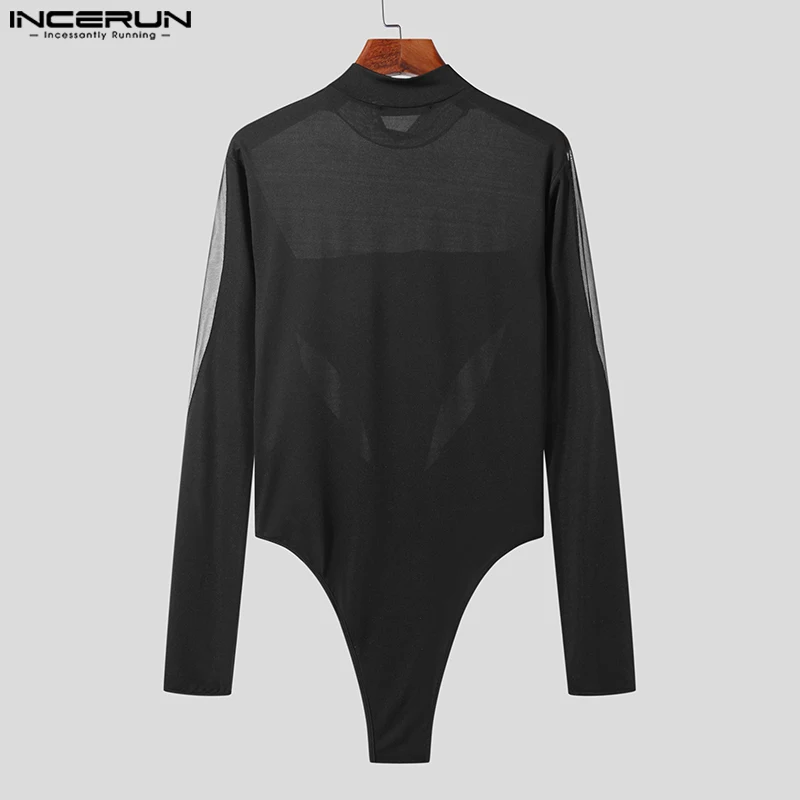 Sexy New Men Rompers Fashion Splicing See-through Mesh Bodysuit Fashion Male Solid Thin Long Sleeve Jumpsuits S-5XL INCERUN 2023