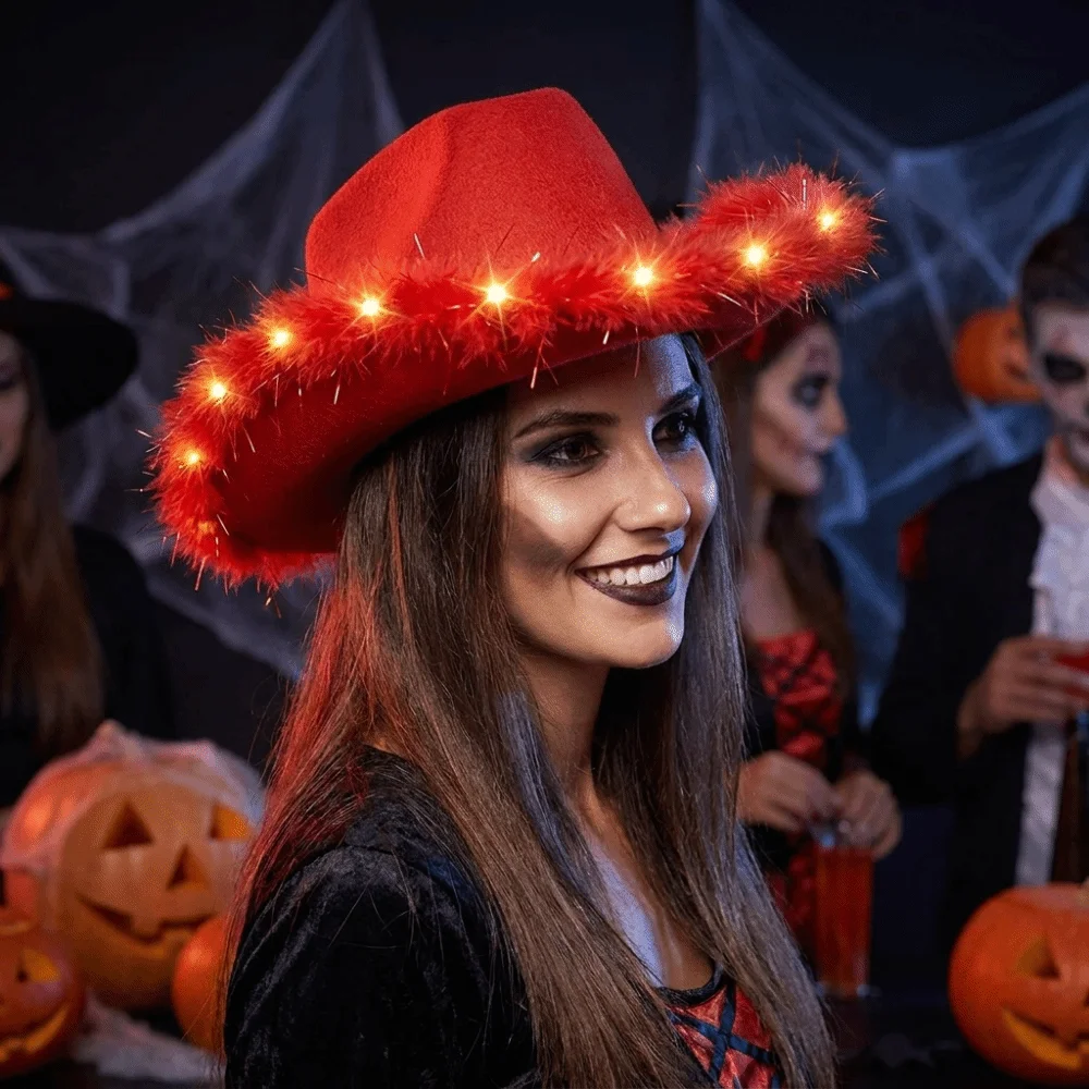 Fashion Furry Trim Light Up Western Cowboy Hat Wide Brim Ethnic Style Costume Hat Solid Color LED Cowboy Hat Halloween view 3