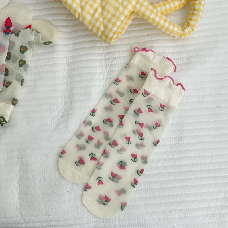 Kawaii Lolita Princess Socks for Girls Ultra-Thin Breathable Long Socks With Ruffle Cuff Floret Strawberry Pattern Soft Hosiery