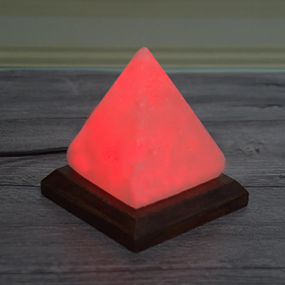 USB Colorful Discoloration Salt Lamp Air Purify Round Natural Triangle Crystal Rock Lamp Wooden Base Hand Carved Night Light