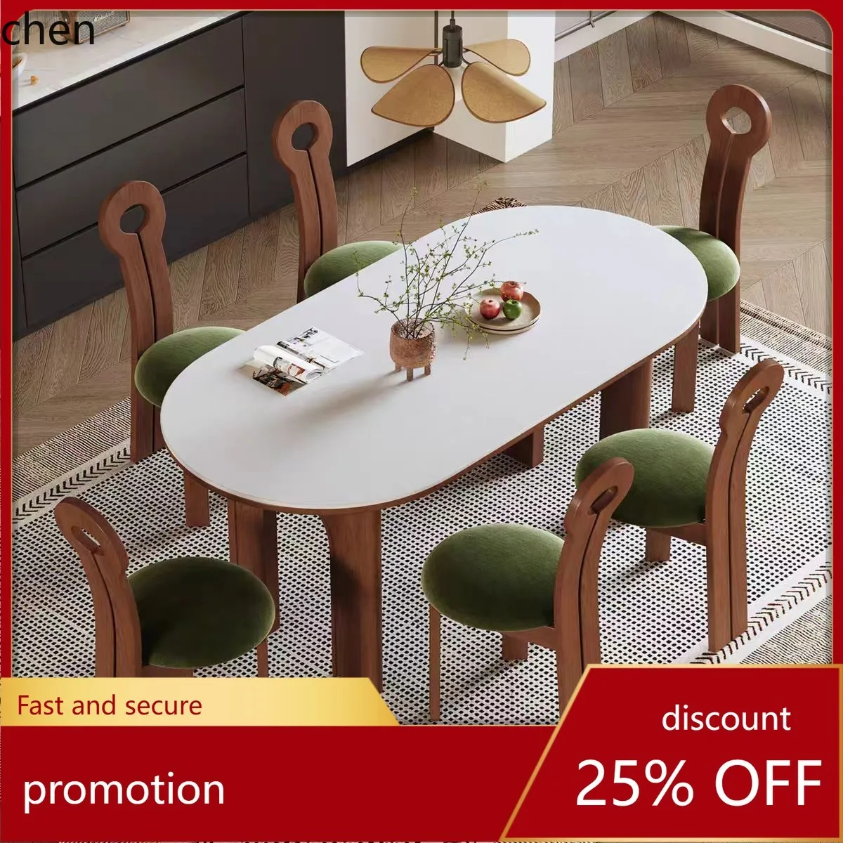 

HXL Oval Household Rubber Solid Wood Rock Plate Dining Table Cream Style Modern Minimalist Dining Table and Chair Set