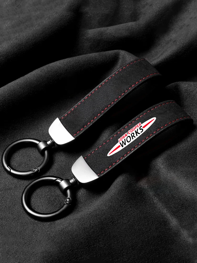 1PC Suede Car Ring Keychain Trinket Zinc Alloy Keyrings Rotate For Mini John Cooper Works Emblem R60 F60 F55 F57 R56 R57 R70 JCW