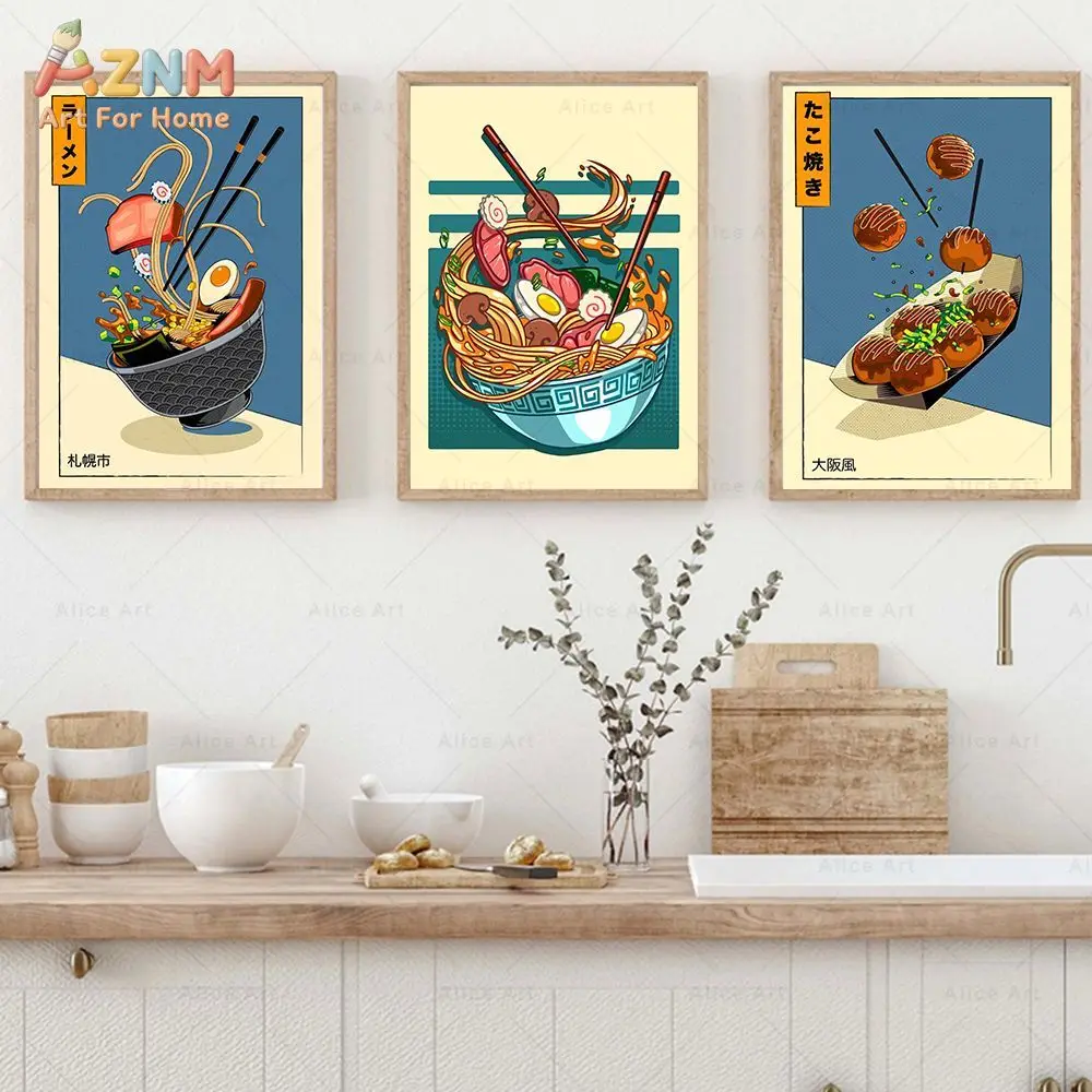 AZNM Japanese Food Canvas Wall Art Ramen Takoyaki Noodle Cartoon Illustration Print Frameless Canvas Painting Kitchen Restaurant