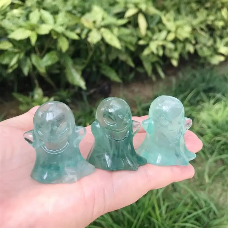 3pcs Natural Green Fluorite Ghost Carving Healing Crystal, Reiki Stones Gift, Room Decoration, 1Pc