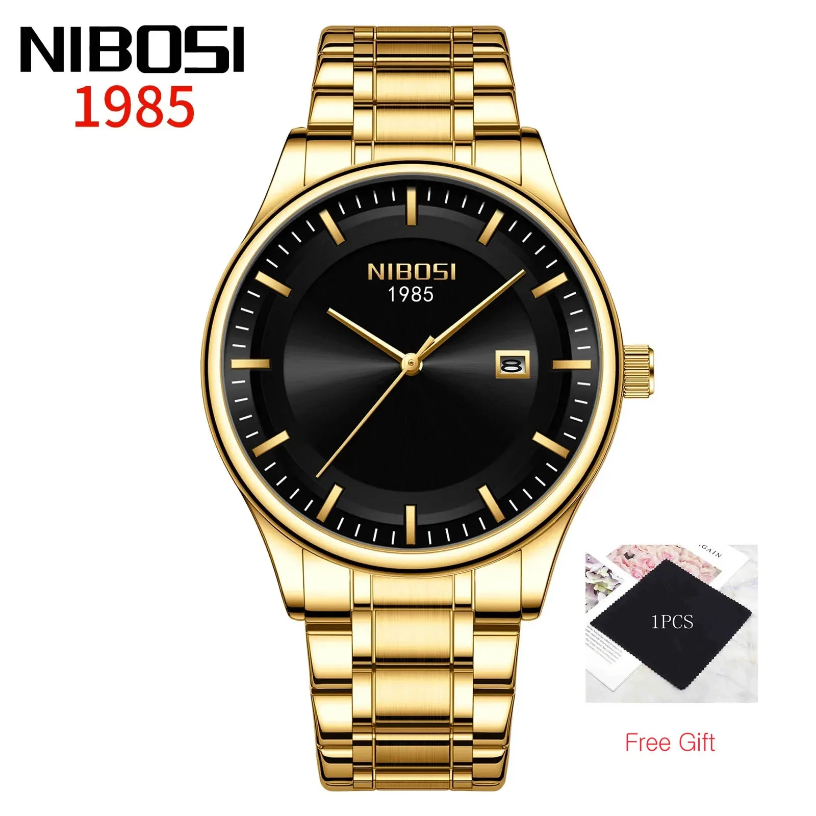 NIBOSI Men\'s Quartz Watches Man Gold Wristwatch Simple Business Style  Man Watch Calendar Waterproof Stainless Steel Strap Clock