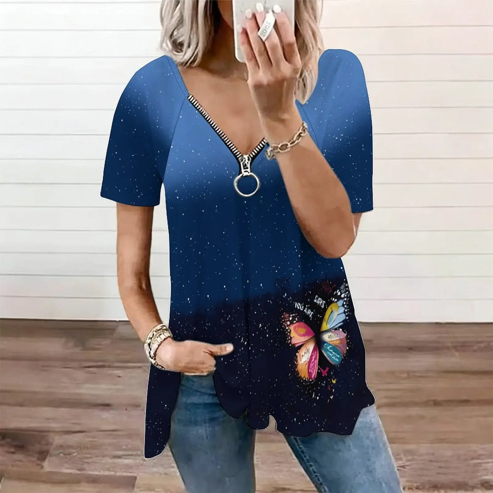 Women Butterfly Floral Print Zip V Neck Irregular Hem Short Sleeve Casual Tunic Tops