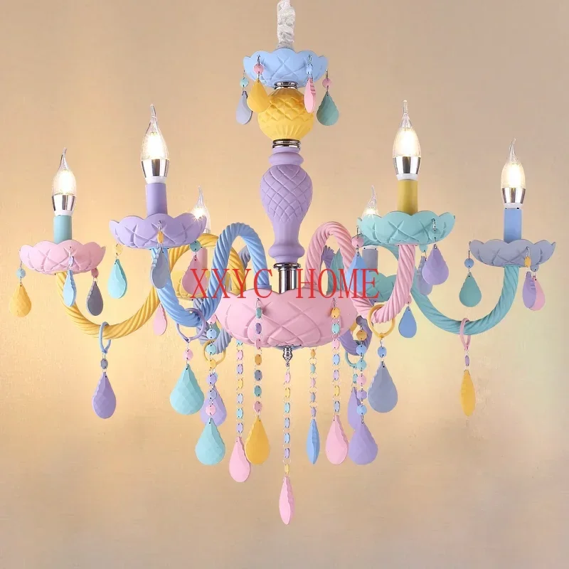 

Modern Macaron Colorful Crystal Chandelier Rainbow Candle Lustres American Girl Princess Children Room Luminaire Light Fixtures