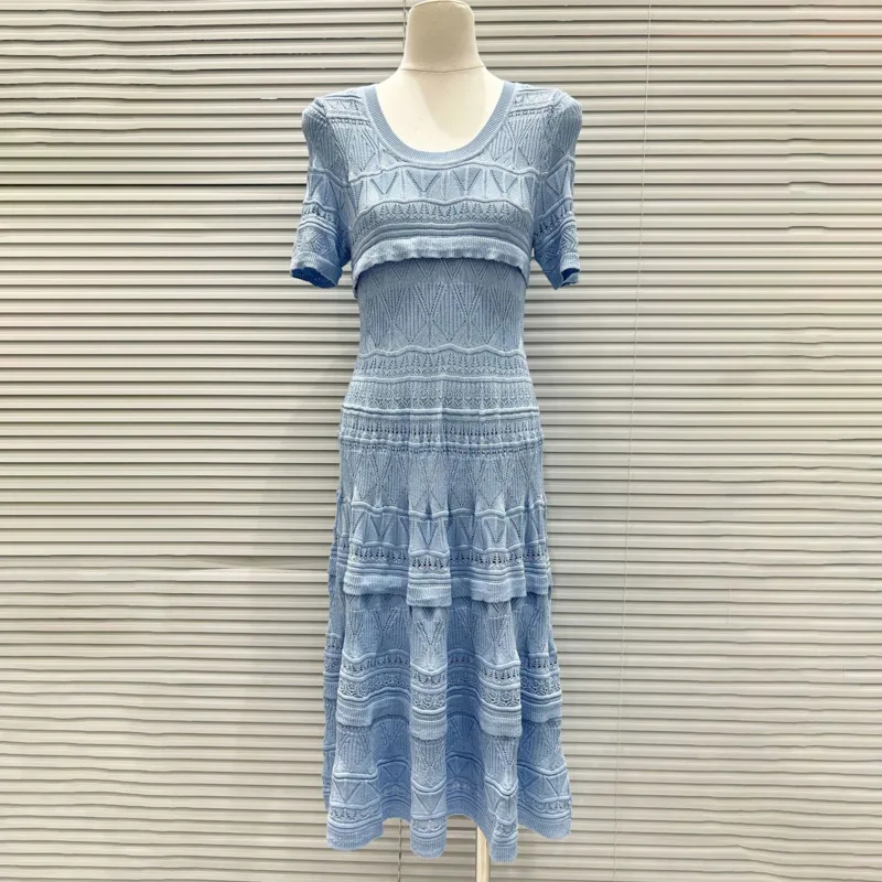 مجموعة فساتين CHUJIE 2025 الصيفية المحبوكة - فستان جاكار دانتيل بقصة ضيقة برقبة دائرية + زلة، فسكوزي مطاطي + مزيج نايلون #4