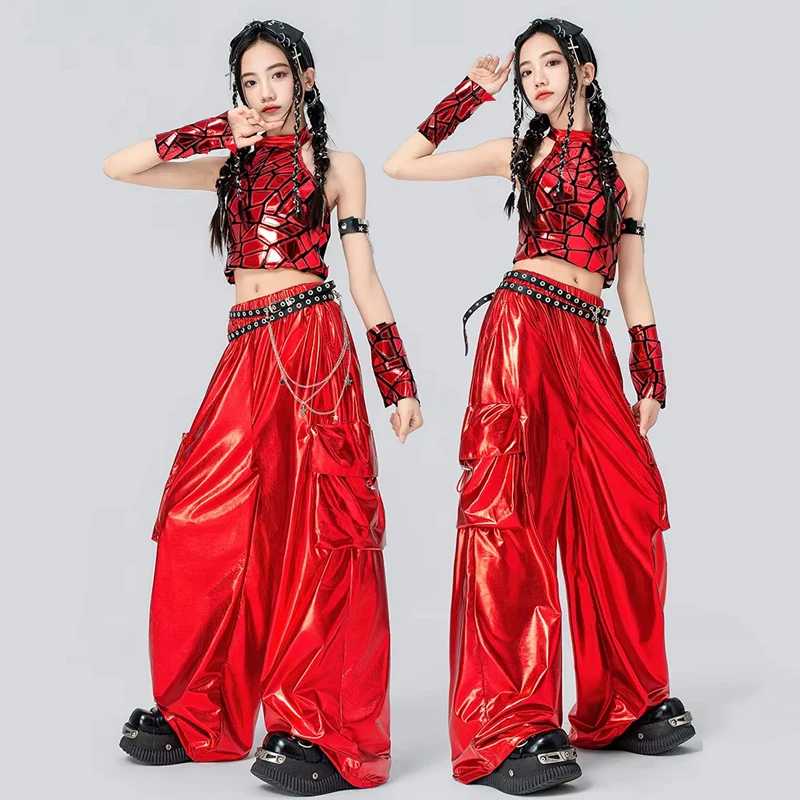 

2026 Girls Kpop Outfit Red Jazz Dance Performance Costume Mirror Tank Top Loose Pants Model Runways Show Stage Outfit VDL5616