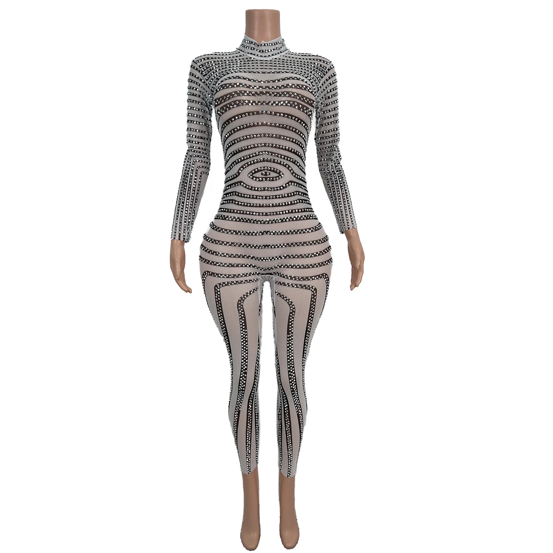 Sparkly Rhinestone See Through Mesh Tight Fitting Jumpsuit Bar Party Stage Performance Outfit Night Club Sexy Dance Wear Banmaku