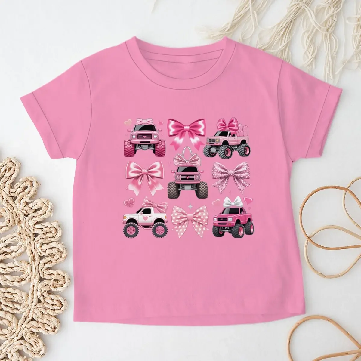 Six Panel Pink Off Road Truck With Polka Dot Glitter Bow And Small Heart Pattern Short Sleeve Breathable Casual Summer Kids Wear