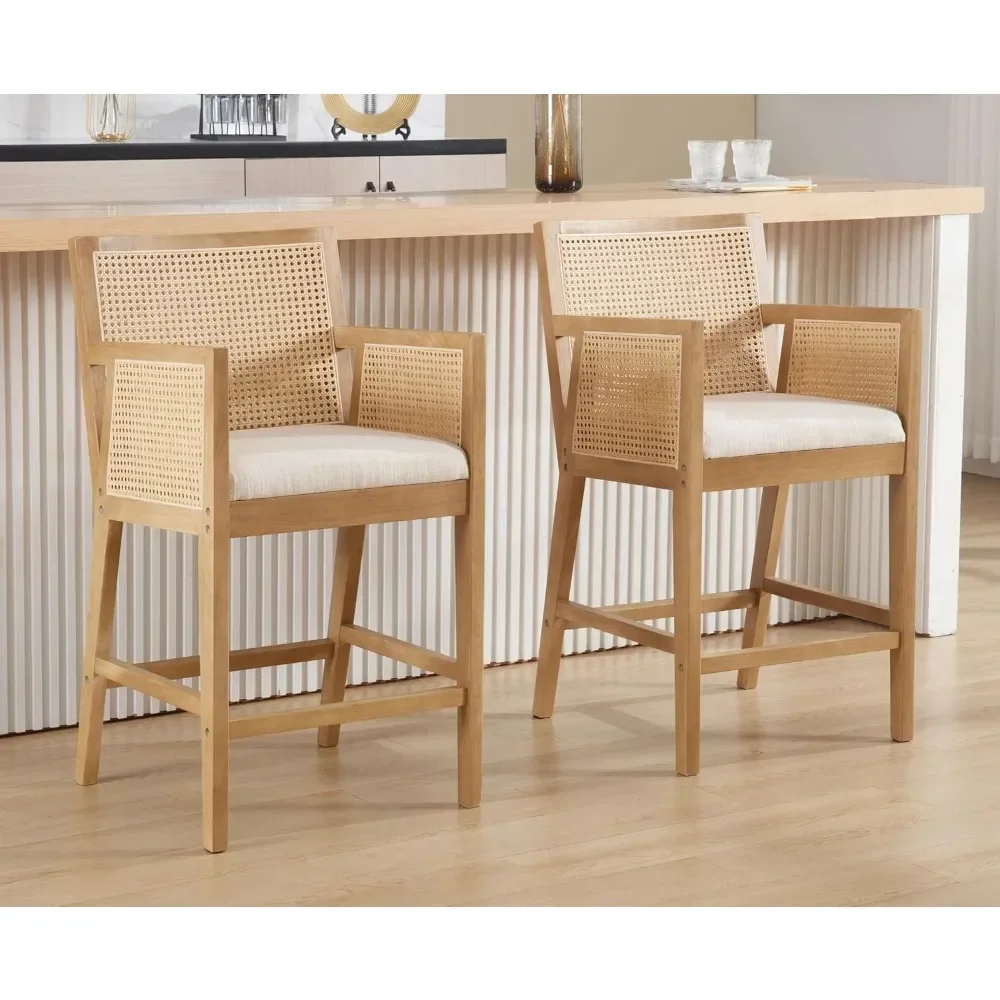 

Modern Farmhouse Counter Height Barstools with Back and Arms Natural Wood Counter Stools Comfy Upholstered Linen Bar Chairs