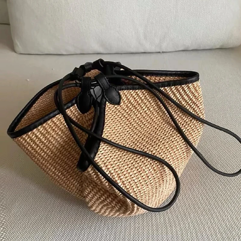 England Style Bucket Straw Bags For Women Luxury Designer Handbag And Purse 2024 New In Papyrus Woven With Inner Pocket Shoulder