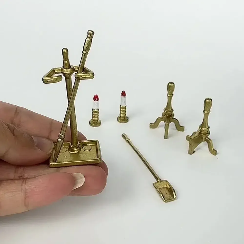 Muebles para casa de muñecas a escala 1/12, accesorios dorados para chimenea, juego de toallero para casa de muñecas, estante para jabón, modelo de toallero de papel en miniatura
