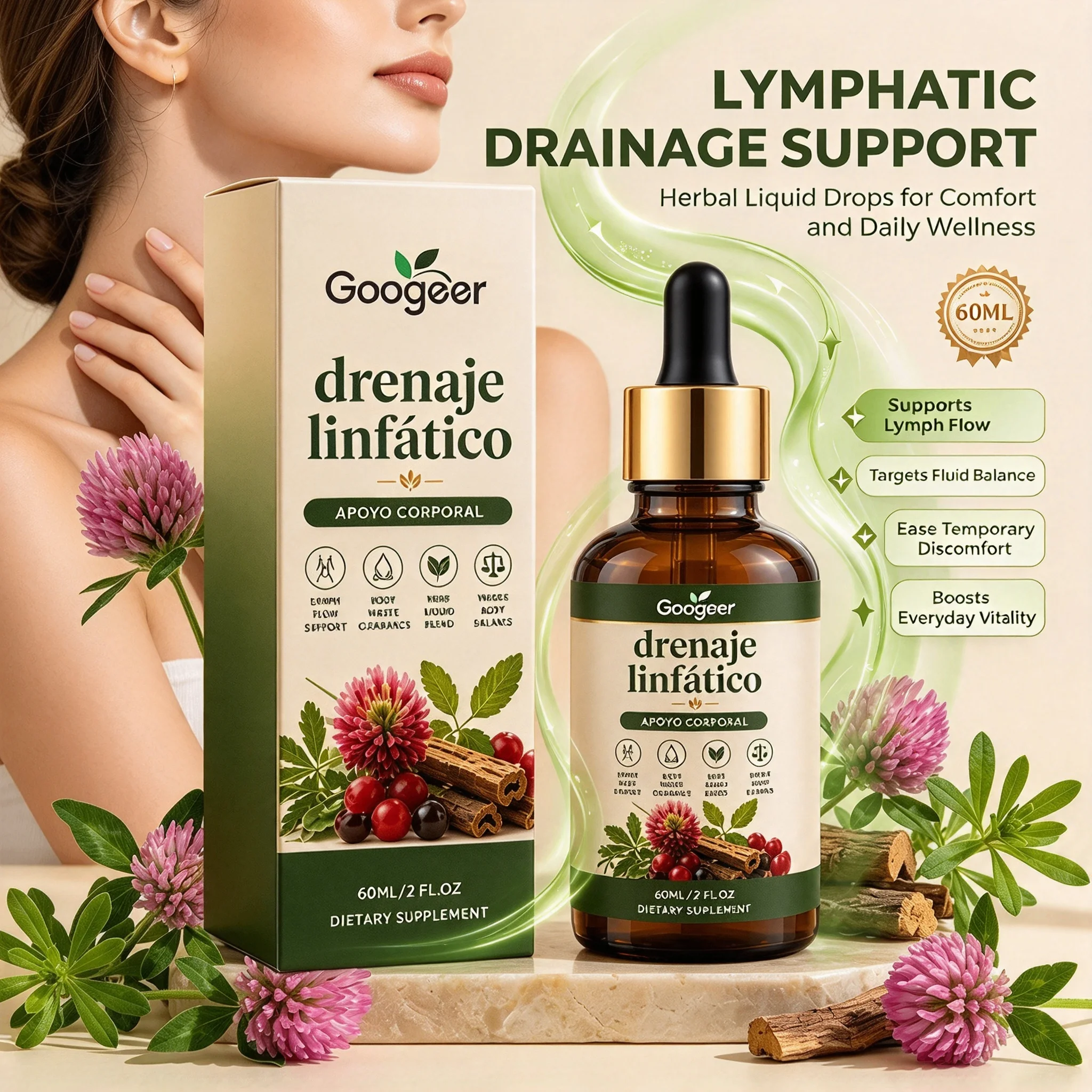 Natural Plant Lymphatic Support Liquid Drops Googeer 60ml Herbal Blend Dietary Supplement for Daily Body Wellness Maintenance