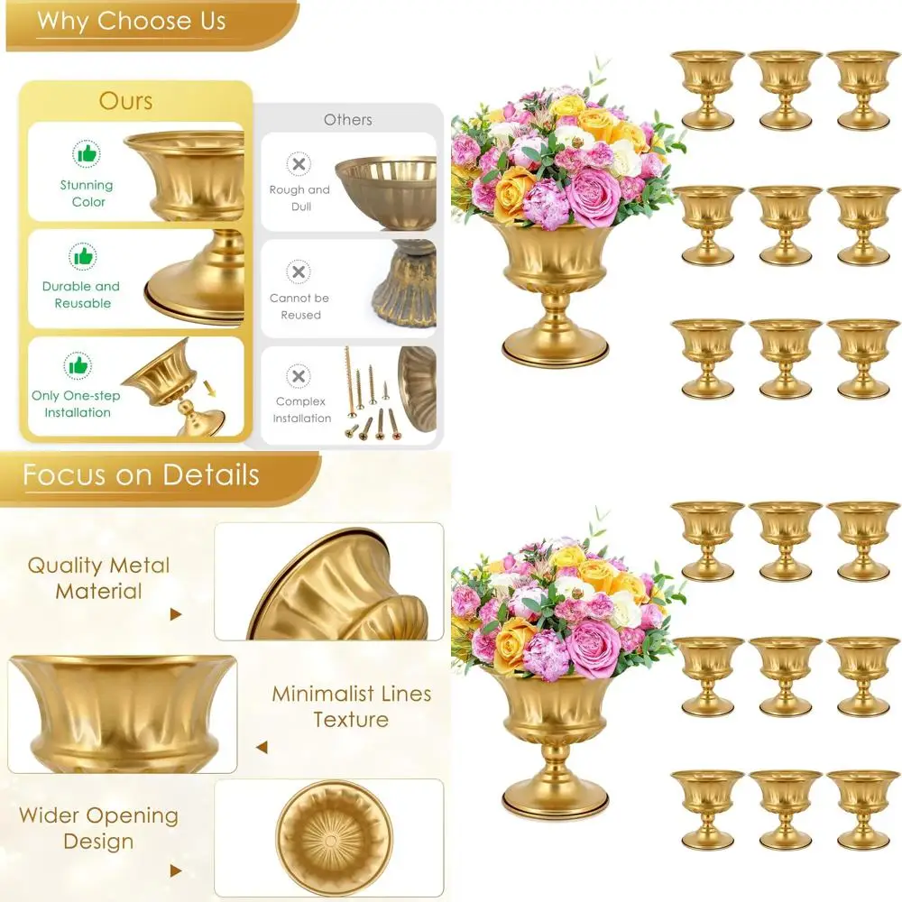 

Набор из 10 металлических ваз на пьедестале высотой 5,9 для свадебных центральных украшений и домашнего декора.