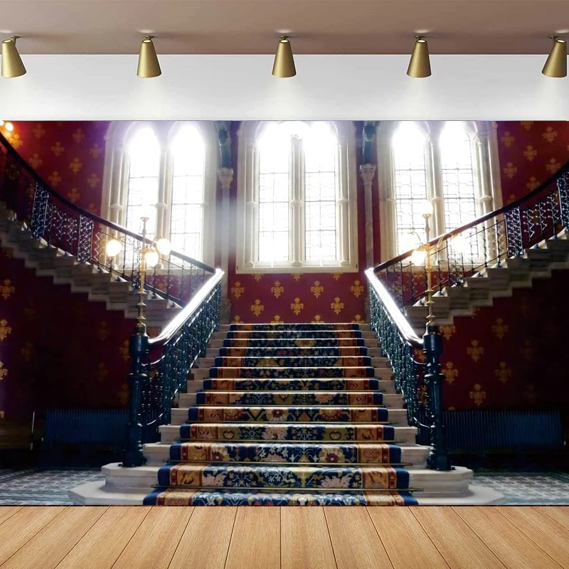 Stairs Photography Backdrop For European Luxury Castle Hotle Retro Grand Stairway Sunlight Poster Background Photoshoot Banner