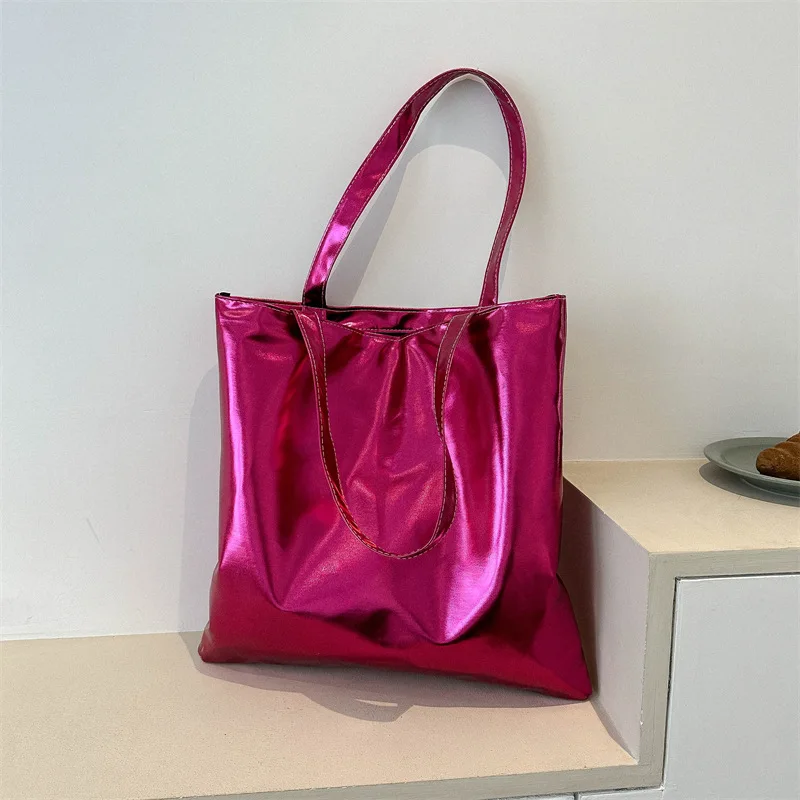2026 Shiny Metallic Laser Tote Bag Women Large Capacity Glossy PU Shoulder Bags Handbag Casual Daily Shopping School Purse
