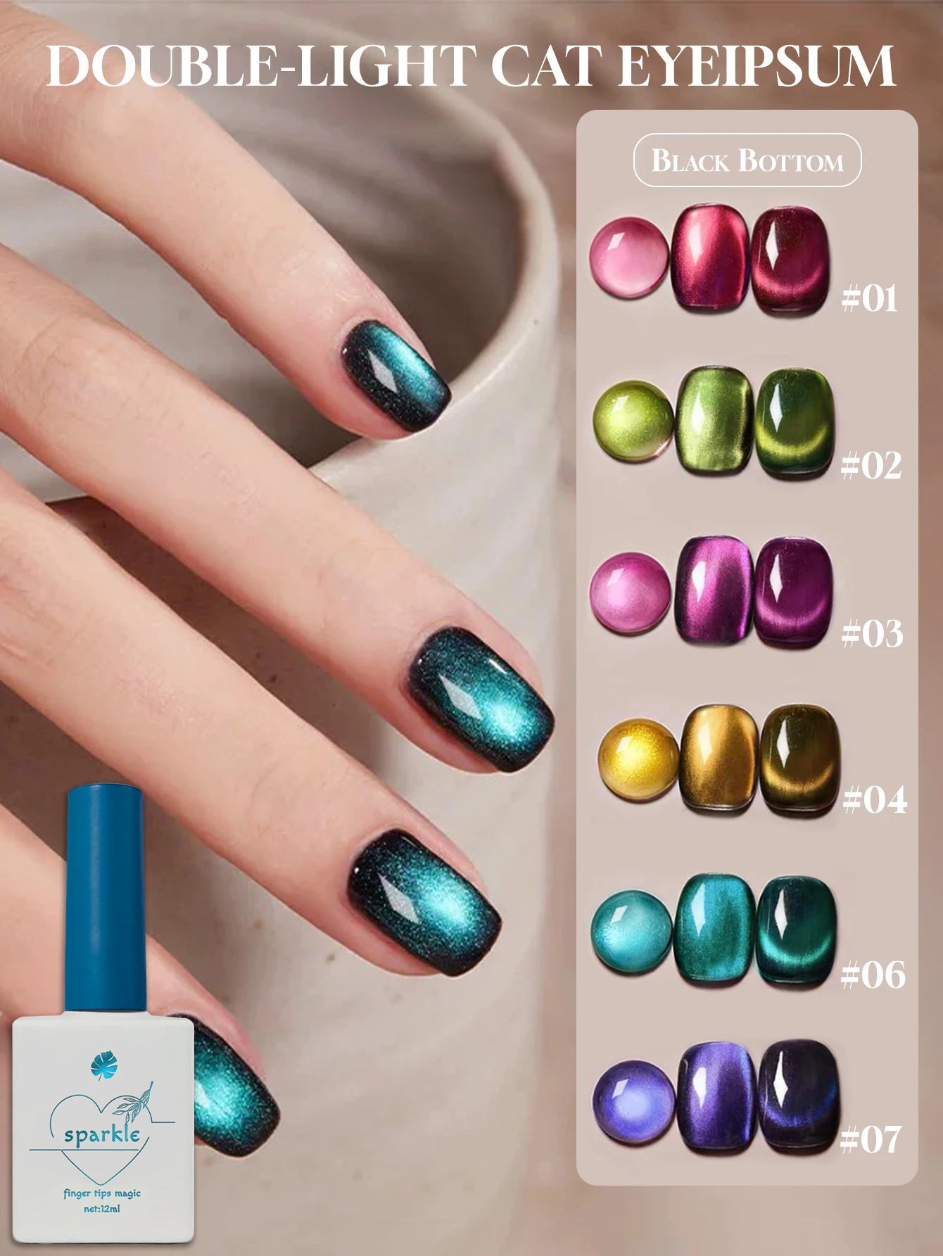 

12ml Iridescence Magnetic Cat Eye Gel Polish with Black Base Nail Art Manicure Varnis Semi Permanent Soak UV Gel Nail Supplies