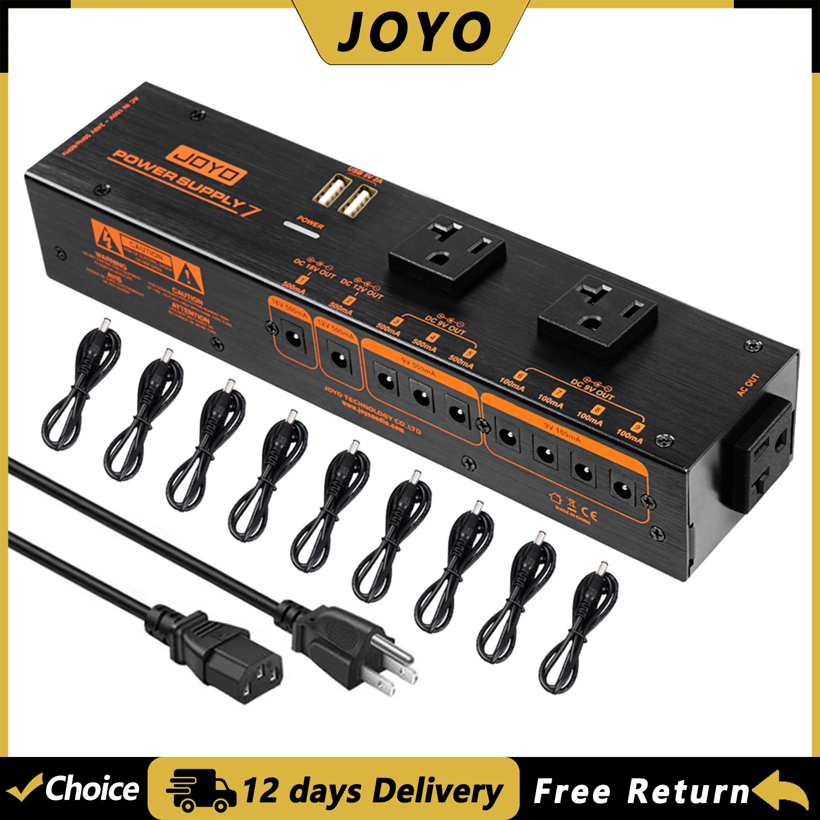 JOYO JP-07 Guitar Effect Pedal Power Supply 9 Isolated DC Outputs 9V 12V 18V 3 AC Sockets Noise Filter USB Charger for Pedals