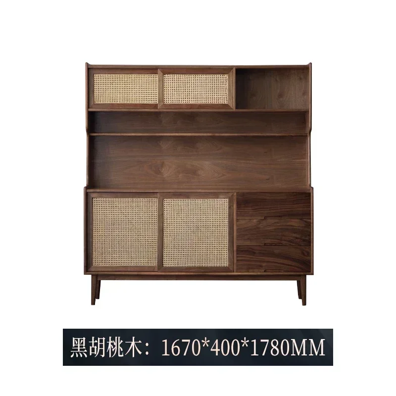 Chinese-Style Solid Wood Rattan Sideboard Cabinet Simple Wall-Mounted Storage Cabinet Black Walnut Vintage Locker