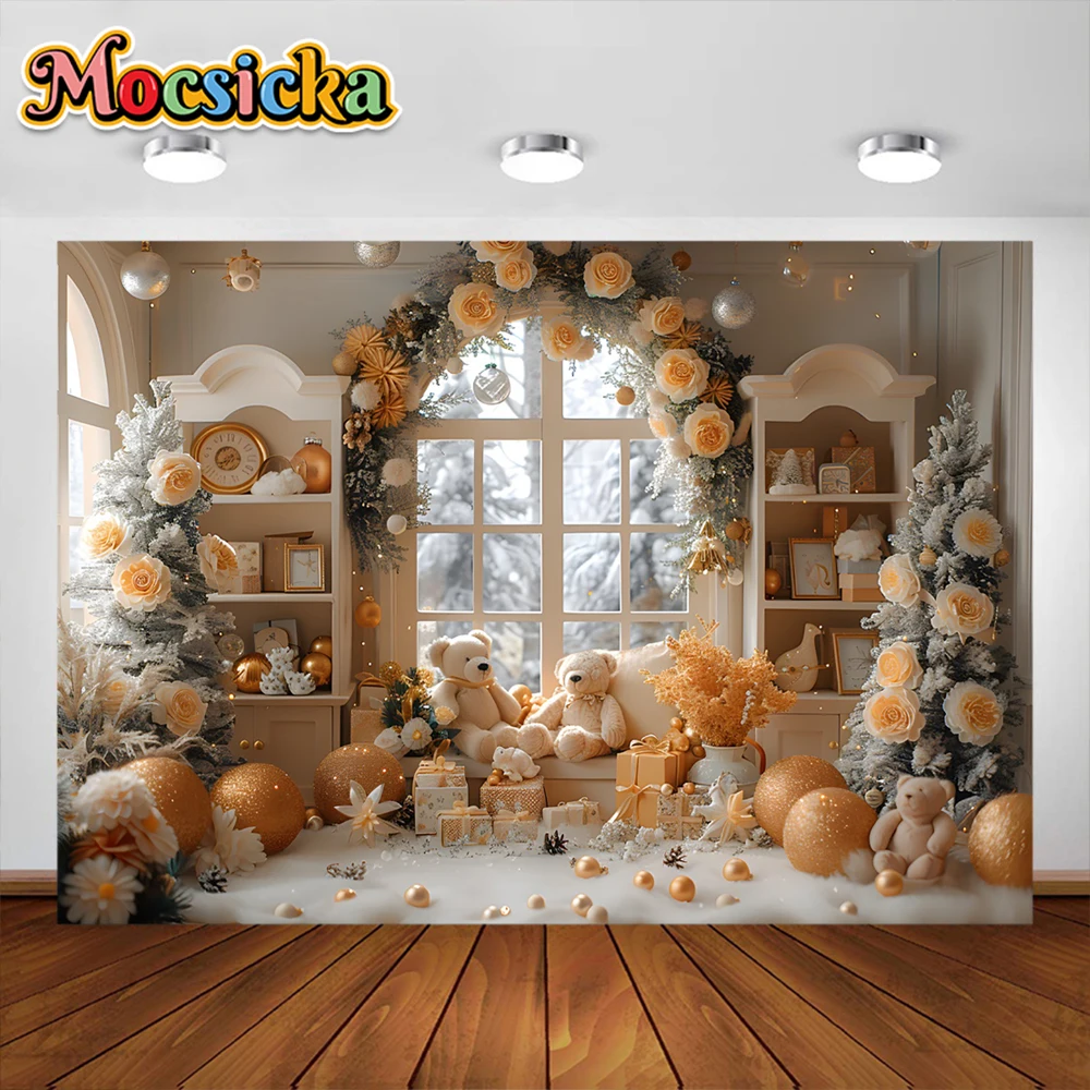 Christmas Photography Backdrops Cute Bears Gift Xmas Tree Fireplace Children Family Portrait Photo Background Studio Props