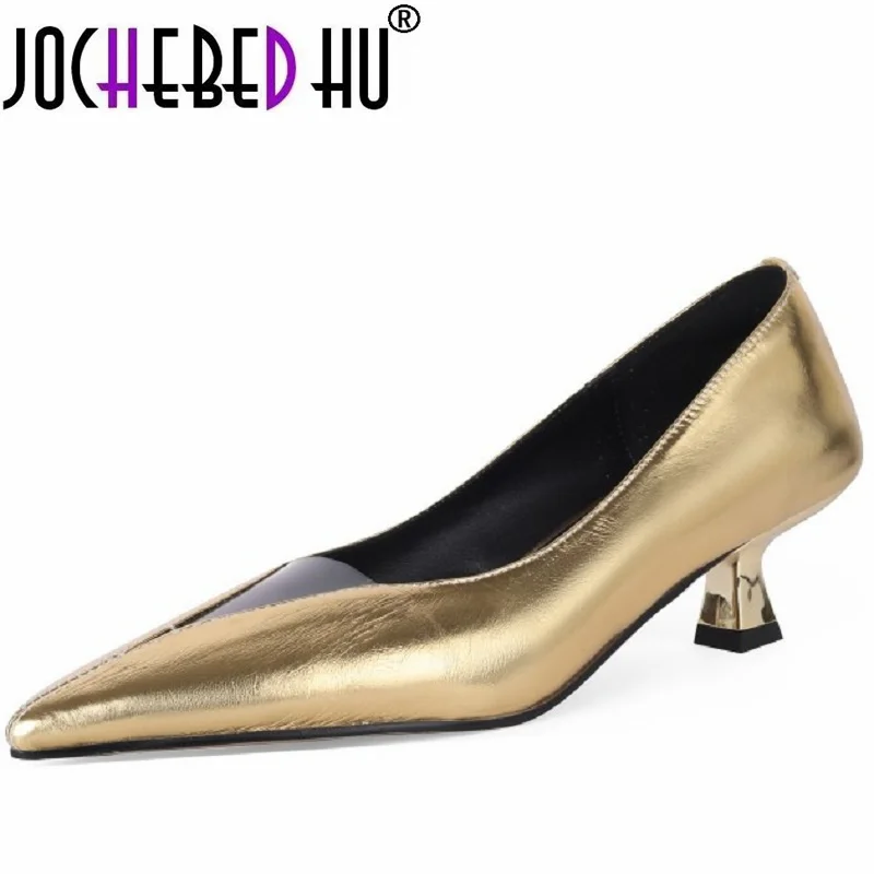 

【JOCHEBED HU】Gold Silver Metal Genuine Leather Pointed Toe Pumps Stiletto Shallow Wedding Shoes Slip-on Party Footwear 34-40