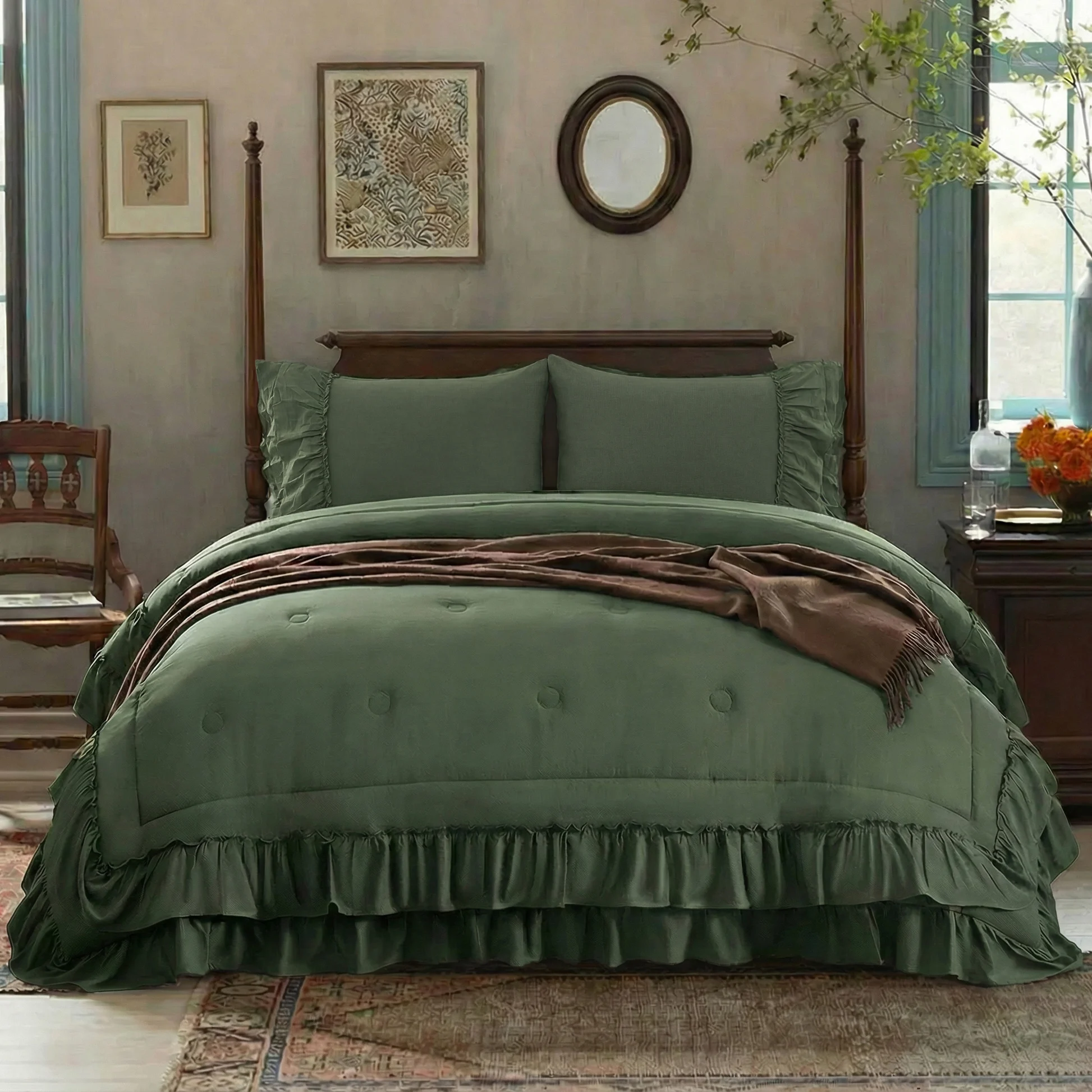 Olive Green Ruffle Comforter Set King, 3 Pieces Shabby Chic Farmhouse Bedding, Soft Microfiber Comforter with Matching Shams, All Season