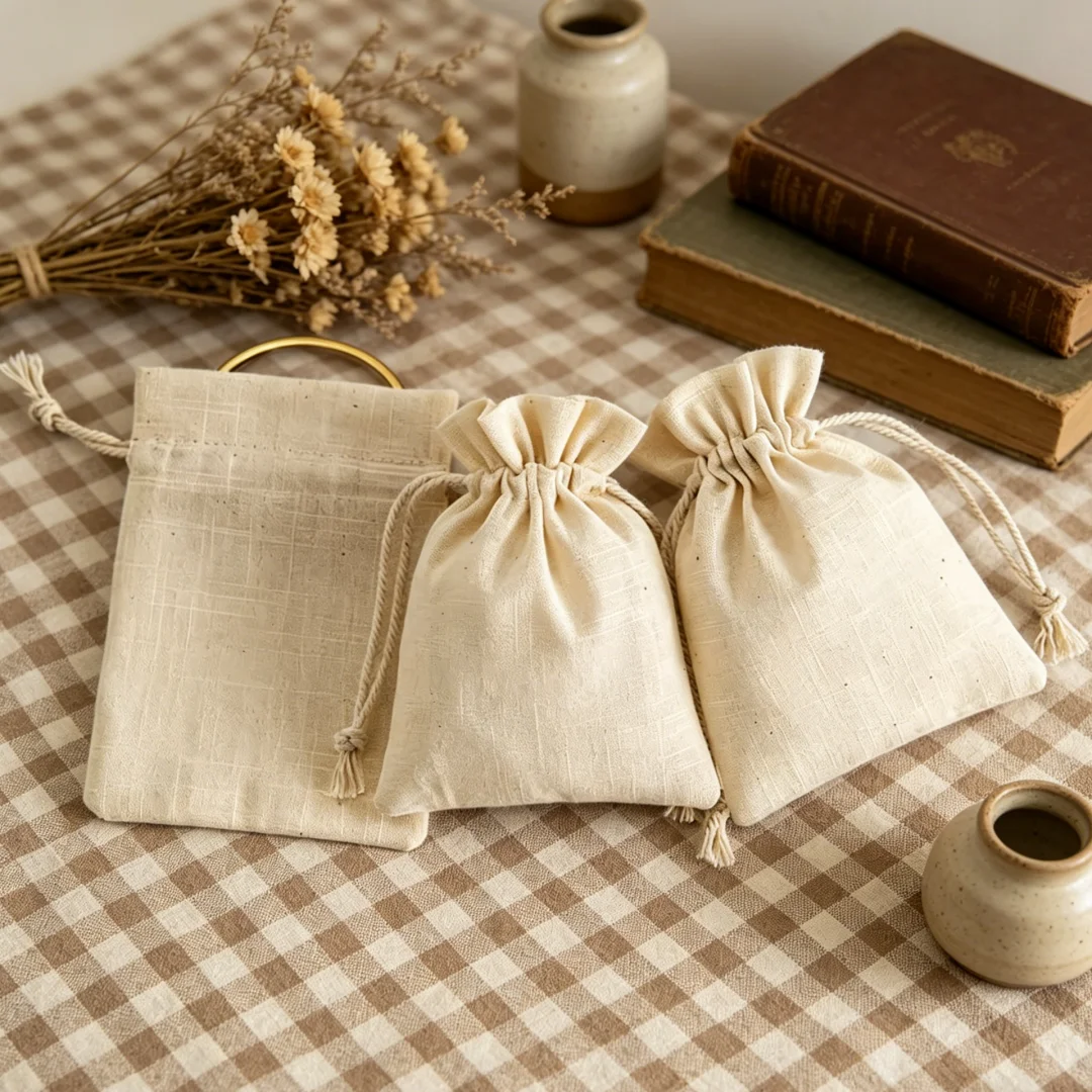 10 Stück DIY Baumwoll-Hanf-Beutel mit Kordelzug, weiß-beige, leere Beutel für Schmuck, Seife, Make-up, Präsentation, Verpackung, Aufbewahrung