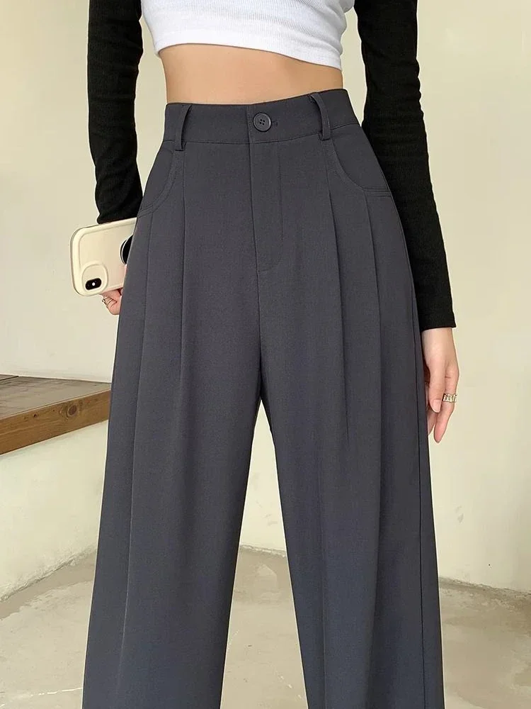 Pantaloni larghi elastici a vita alta Chic donna primavera estate pantaloni eleganti da ufficio pantaloni Streetwear dritti a figura intera da donna