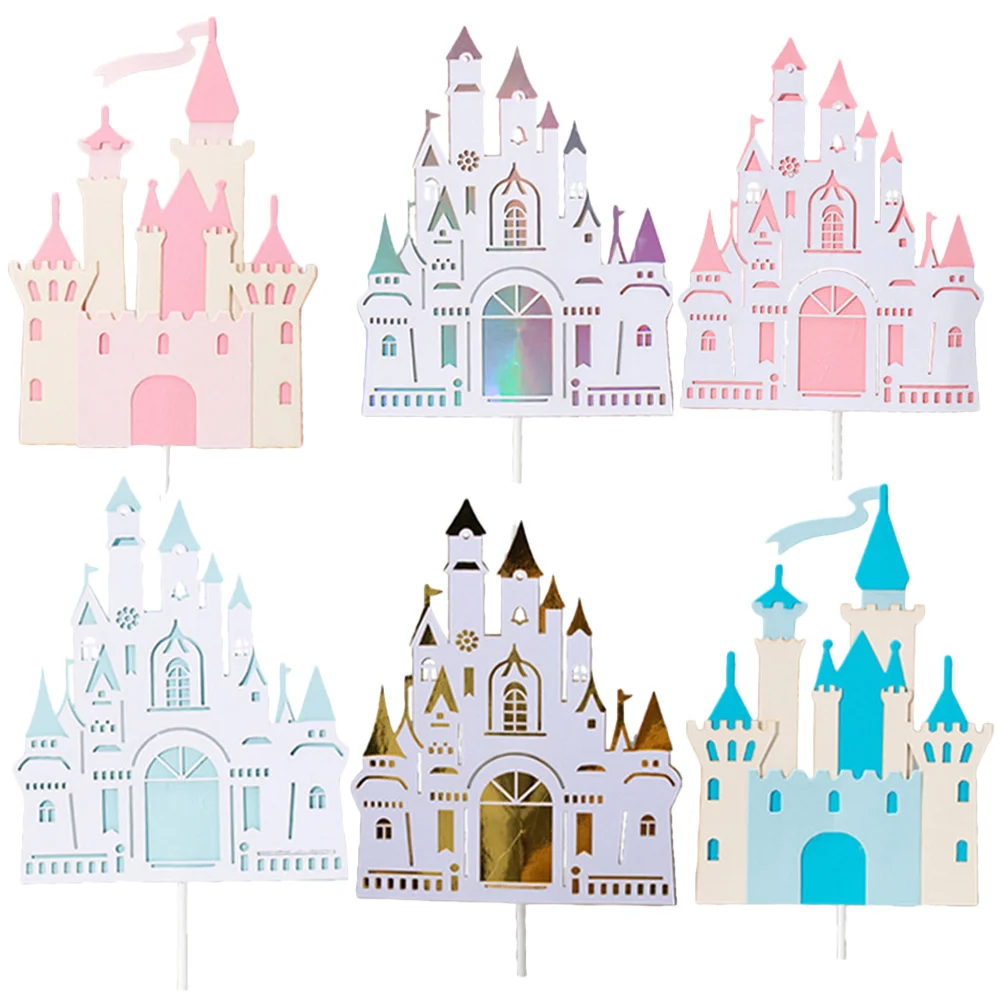 

6 Pcs Happy Birthday Cake Decorations Castle Insert Wedding Girls Baby Princess Cupcake Toppers