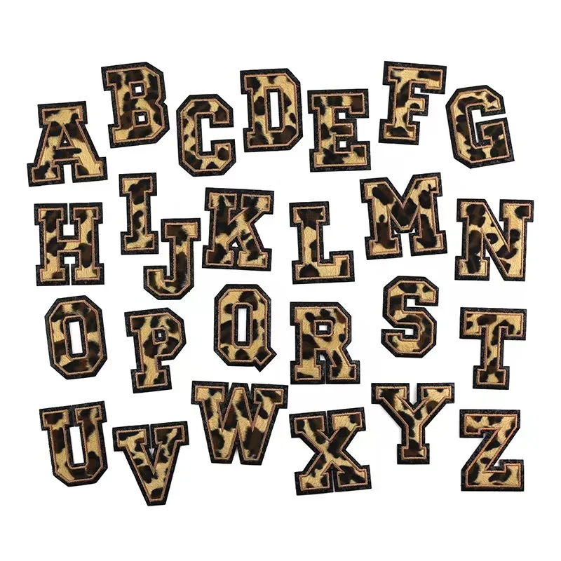 3D Leopard Print Color A-Z 26 Letter Glitter Chenille Embroidered Patches Iron on Alphabet Letters Embroidery Applique Sewing On