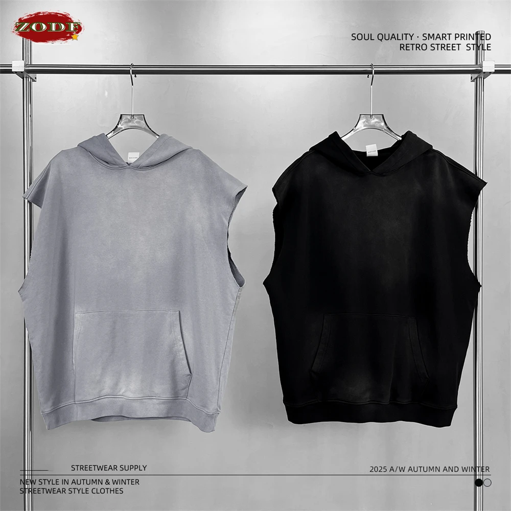 

ZODF Summer Autumn Man Washed Sleeveless Hoodies For Men Unisex Loose Edge Distressed 400gsm Cotton Hooded Pullovers HY1097