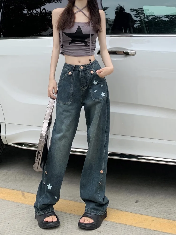 Jeans Women Star Pattern American Vintage Baggy Stylish Design Aesthetic Street Chic Temperament Straight High Waist Trousers