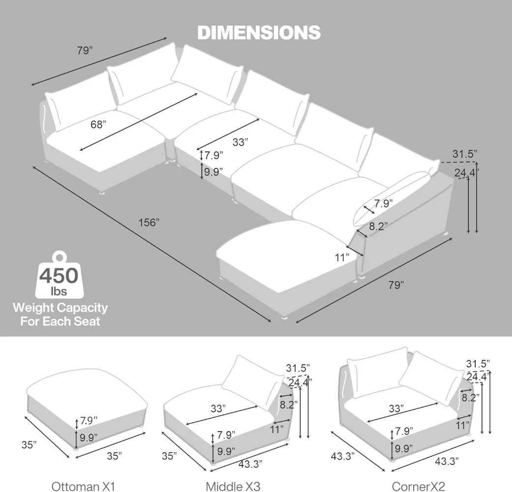 Oversized Corduroy Sectional Sofa Couch, 156'' Cloud Modular Couch with Ottoman, L Shaped Convertible Couch Deep Seat Couches